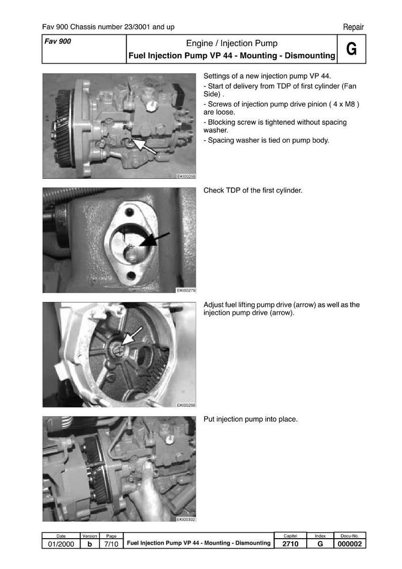 May include: Technical diagram for fuel injection pump VP 44 mounting and dismounting. The image shows detailed steps, including checking the TDP of the first cylinder and adjusting the fuel lifting pump drive. Text includes instructions and part details.