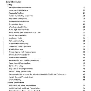 May include: A white page titled "Table of Contents" from a manual. The table lists safety topics such as "Prevent Battery Explosions" and "Avoid High-Pressure Fluids". Page numbers are on the right.