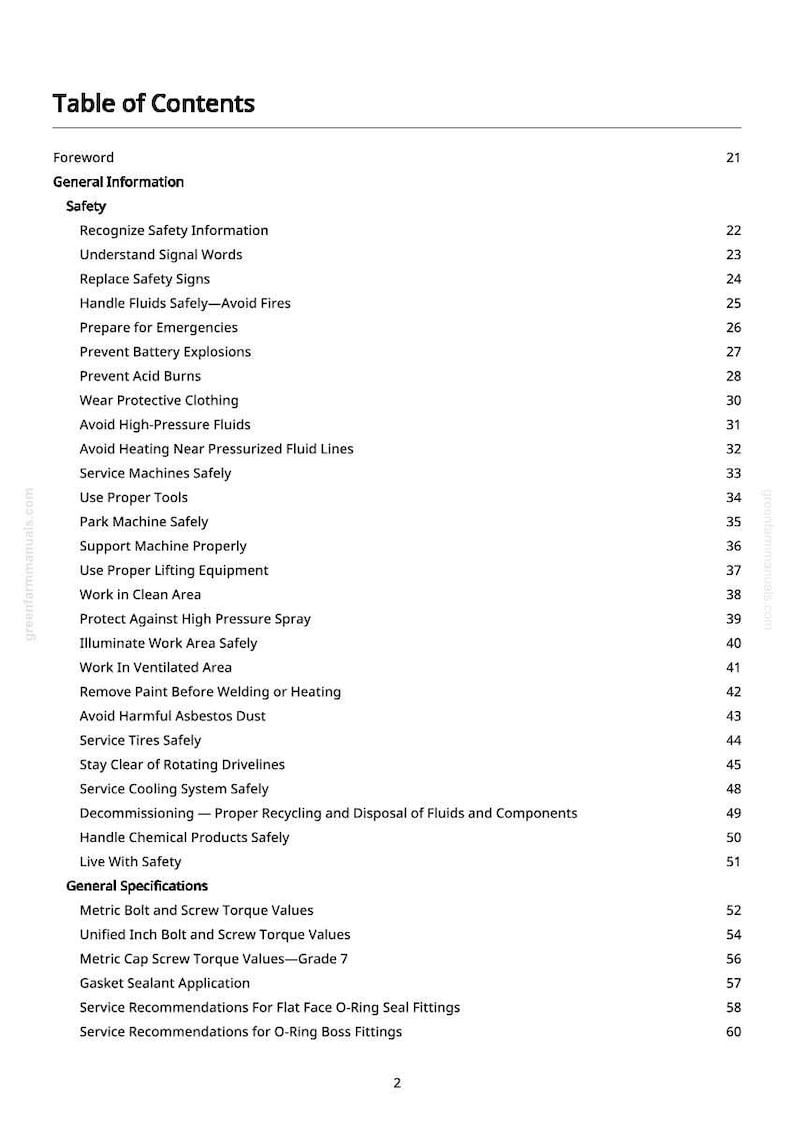 May include: A white page titled "Table of Contents" from a manual. The table lists safety topics such as "Prevent Battery Explosions" and "Avoid High-Pressure Fluids". Page numbers are on the right.