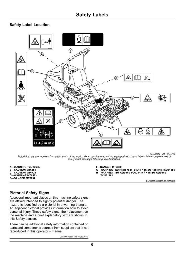 May include: Diagram of a ride-on lawnmower with safety labels. The labels feature warning symbols and text, indicating potential hazards and safety instructions. The image is a technical illustration.