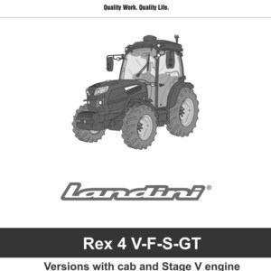 May include: A black and white illustration of a Landini Rex 4 V-F-S-GT tractor. The image includes the Argo Tractors logo and the text "Quality Work. Quality Life." The service manual edition is 07-2023.