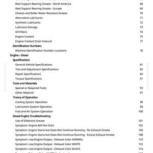 Puede incluir: Una p&aacute;gina blanca de un manual de motor di&eacute;sel, con un &iacute;ndice. El texto incluye temas como aceite de motor, lubricantes y soluci&oacute;n de problemas, con s&iacute;ntomas como "El motor no arranca".