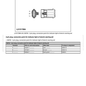 Puede incluir: Diagrama del componente el&eacute;ctrico X587M, que incluye un enchufe de 3 pines y detalles de conexi&oacute;n. El diagrama incluye los colores de los cables, las designaciones de los terminales y los componentes correspondientes para la ayuda de arranque el&eacute;ctrico.