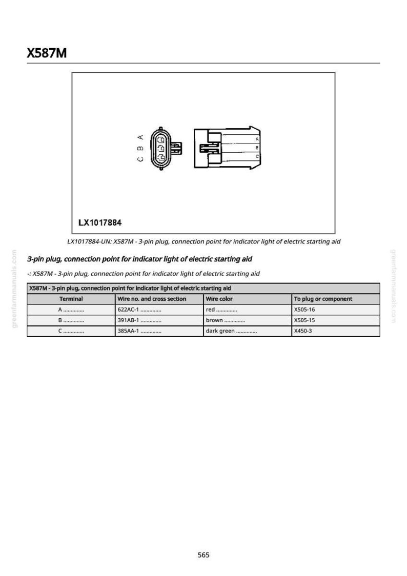 Puede incluir: Diagrama del componente el&eacute;ctrico X587M, que incluye un enchufe de 3 pines y detalles de conexi&oacute;n. El diagrama incluye los colores de los cables, las designaciones de los terminales y los componentes correspondientes para la ayuda de arranque el&eacute;ctrico.