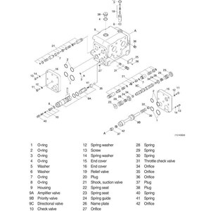 May include: An exploded diagram of a flow amplifier structure, labelled with various components. Includes O-rings, washers, screws, end covers, relief valves, and orifices. The diagram is in black and white.