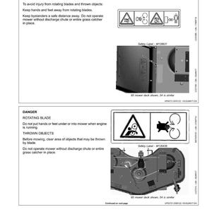 May include: Safety labels with warning symbols and text about mower safety. The labels warn against rotating blades and thrown objects, advising users to keep hands, feet, and bystanders at a safe distance. The image includes diagrams and mower deck illustrations.