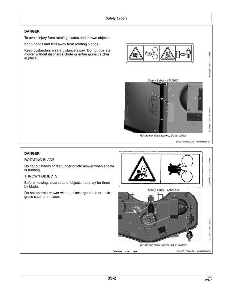 May include: Safety labels with warning symbols and text about mower safety. The labels warn against rotating blades and thrown objects, advising users to keep hands, feet, and bystanders at a safe distance. The image includes diagrams and mower deck illustrations.