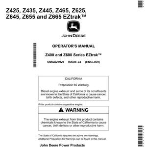 Op de afbeelding: Een witte Operator's Manual voor Z400 en Z600 Series EZtrak maaiers. De handleiding bevat een Proposition 65 waarschuwing over dieselmotoruitlaatgassen en benzinemotoruitlaatgassen. Het John Deere-logo is zichtbaar.
