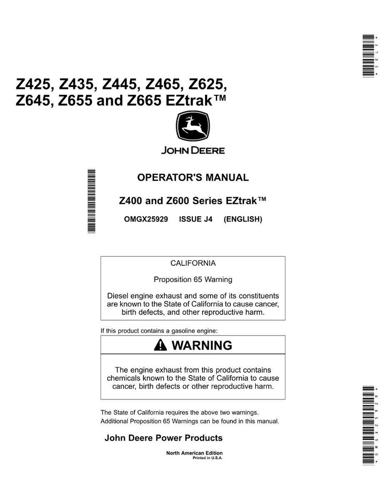 Op de afbeelding: Een witte Operator's Manual voor Z400 en Z600 Series EZtrak maaiers. De handleiding bevat een Proposition 65 waarschuwing over dieselmotoruitlaatgassen en benzinemotoruitlaatgassen. Het John Deere-logo is zichtbaar.