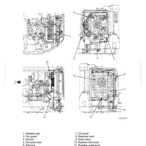May include: Diagram of a cooling system, labeled with parts such as radiator cap, fan guard, and oil cooler. The image is a technical illustration with detailed mechanical components.
