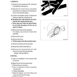 May include: Diagram of a travel device removal and installation guide. Includes illustrations of hand gestures and mechanical components. Text details steps for removing and installing the device, including weight in pounds.