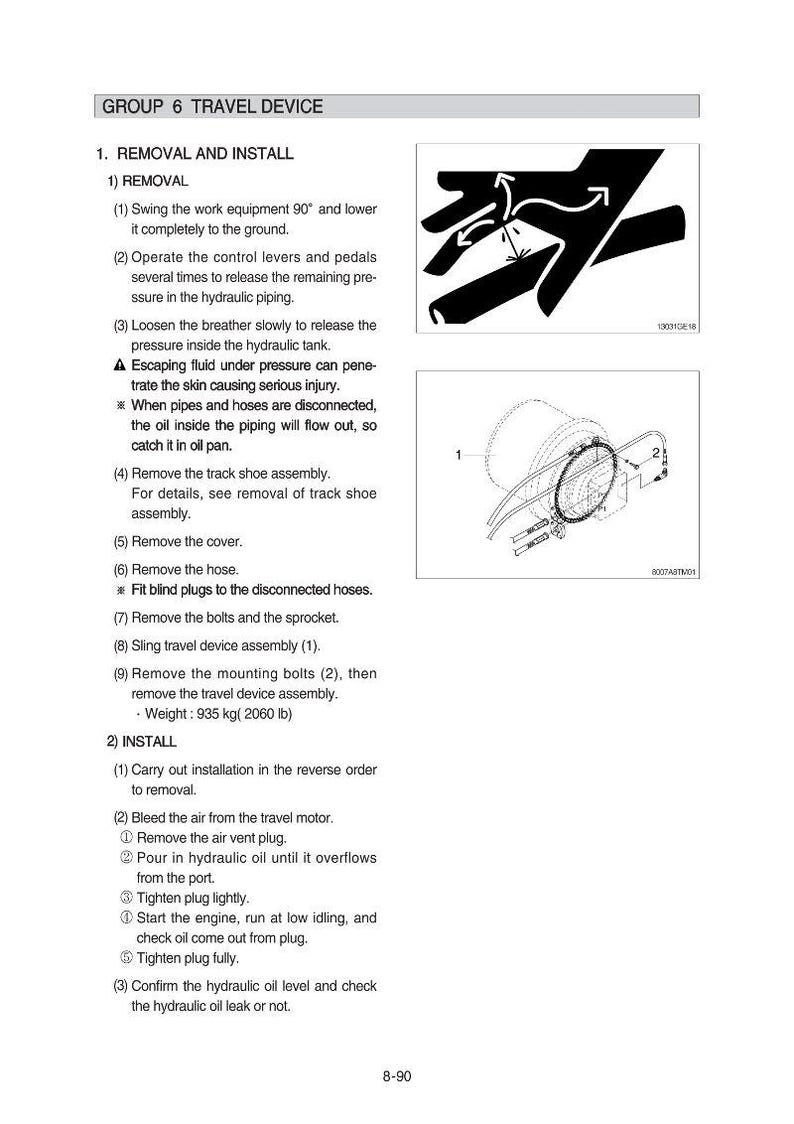 May include: Diagram of a travel device removal and installation guide. Includes illustrations of hand gestures and mechanical components. Text details steps for removing and installing the device, including weight in pounds.