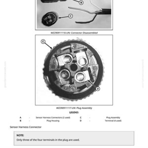 May include: Diagram of a disassembled connector and plug assembly. The image includes close-ups of the sensor harness connectors, plug housing, and plug assembly terminals. Text includes part numbers and a legend.