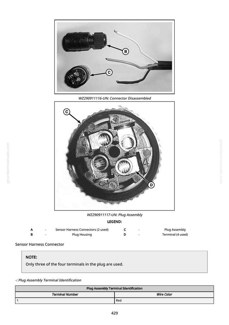 May include: Diagram of a disassembled connector and plug assembly. The image includes close-ups of the sensor harness connectors, plug housing, and plug assembly terminals. Text includes part numbers and a legend.