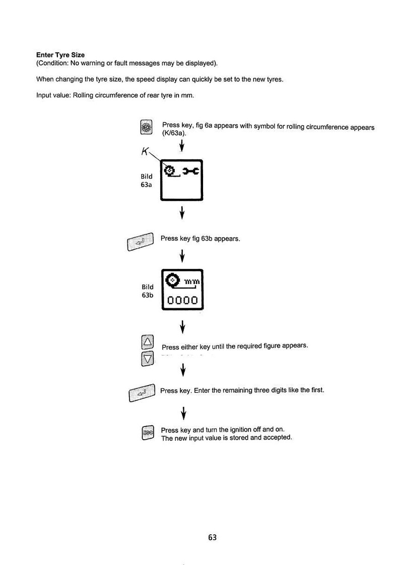 May include: Diagram showing the steps to enter tire size. Instructions include pressing keys, entering digits, and turning the ignition on and off. The text includes "Enter Tyre Size" and "Rolling circumference of rear tyre in mm."