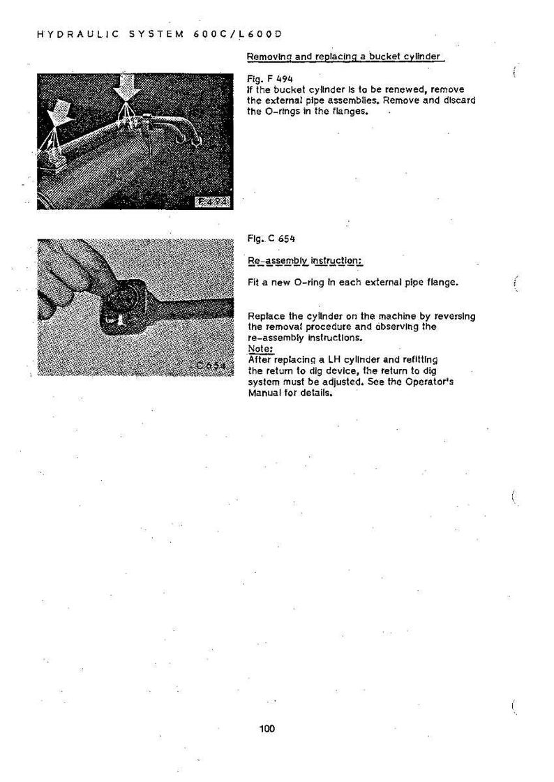 May include: Technical manual page with diagrams and instructions for hydraulic system maintenance. Includes images of components and text detailing procedures for removing and replacing a bucket cylinder, including O-rings.