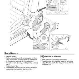 May include: Diagram of a rear side cover assembly with numbered parts and instructions for installation. Includes close-up illustrations of components and their placement. Text includes "Rear side cover" and "Instruction for installation."