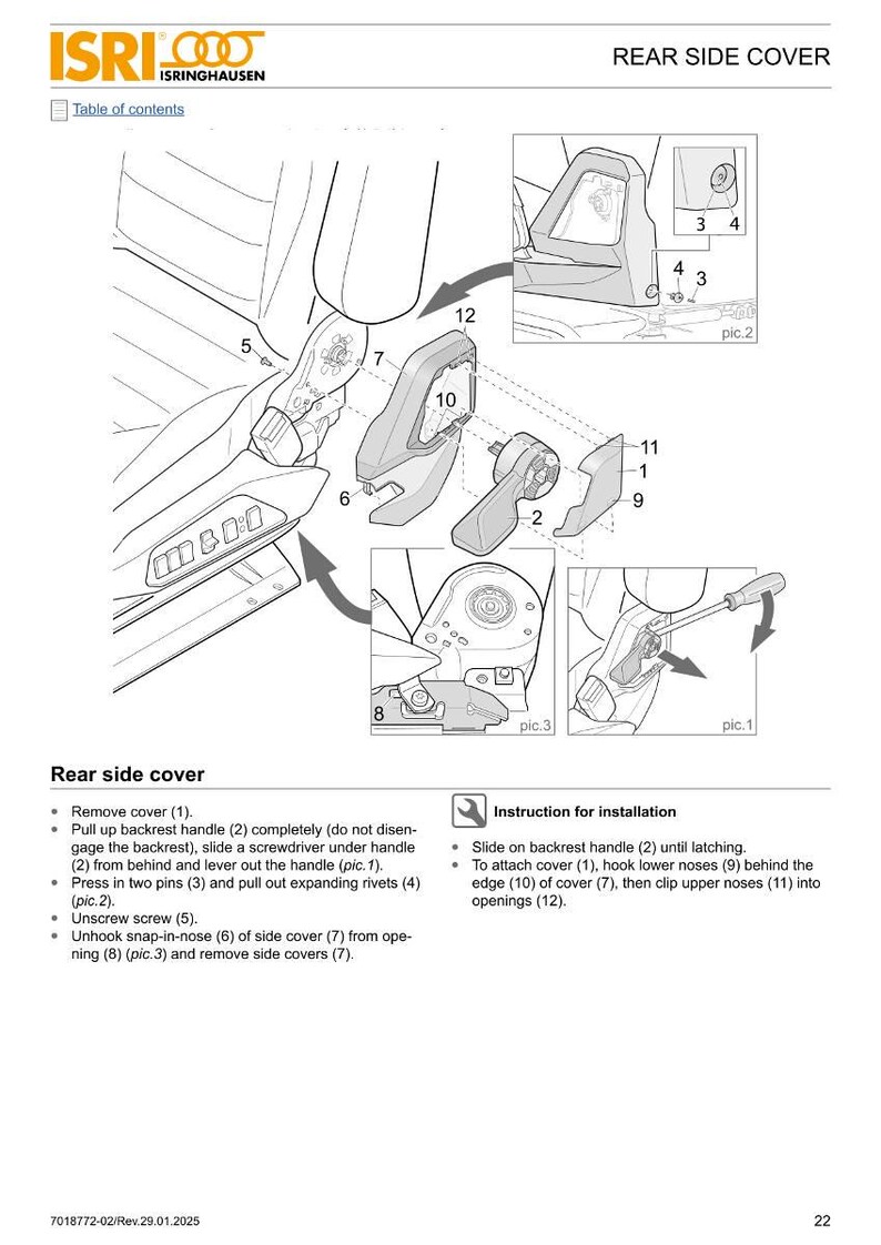 May include: Diagram of a rear side cover assembly with numbered parts and instructions for installation. Includes close-up illustrations of components and their placement. Text includes "Rear side cover" and "Instruction for installation."