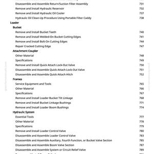 May include: A detailed list of specifications and procedures for a loader, including hydraulic systems, bucket components, and attachment couplers. The text is in black on a white background, with a website address in the corner.