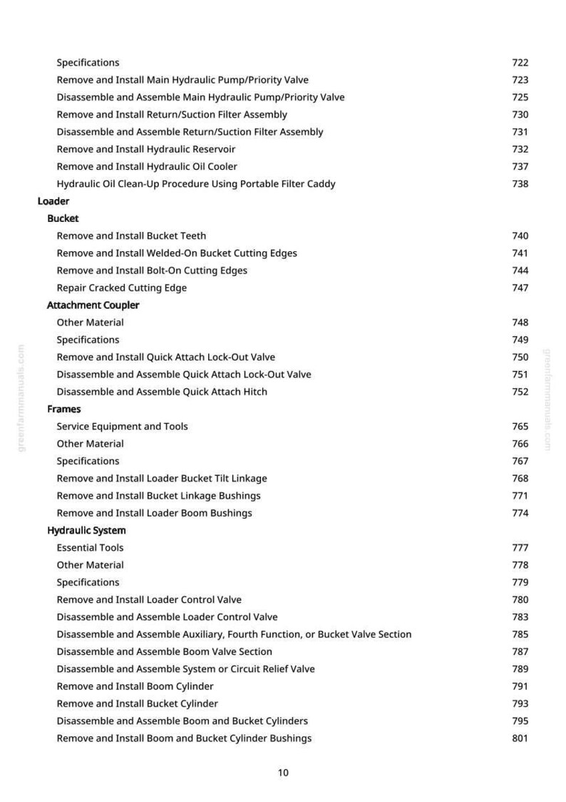 May include: A detailed list of specifications and procedures for a loader, including hydraulic systems, bucket components, and attachment couplers. The text is in black on a white background, with a website address in the corner.