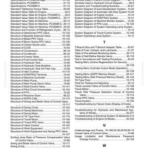 May include: A detailed index page from a Komatsu manual, featuring a comprehensive list of technical specifications and diagrams for various machinery components, including swing motors and travel systems.