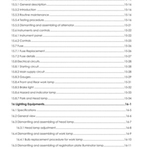 Puede incluir: Una detallada tabla de contenidos de un manual, con secciones sobre equipos de iluminaci&oacute;n, circuitos el&eacute;ctricos e instrumentos. El documento incluye n&uacute;meros de p&aacute;gina y subt&iacute;tulos para facilitar la navegaci&oacute;n.