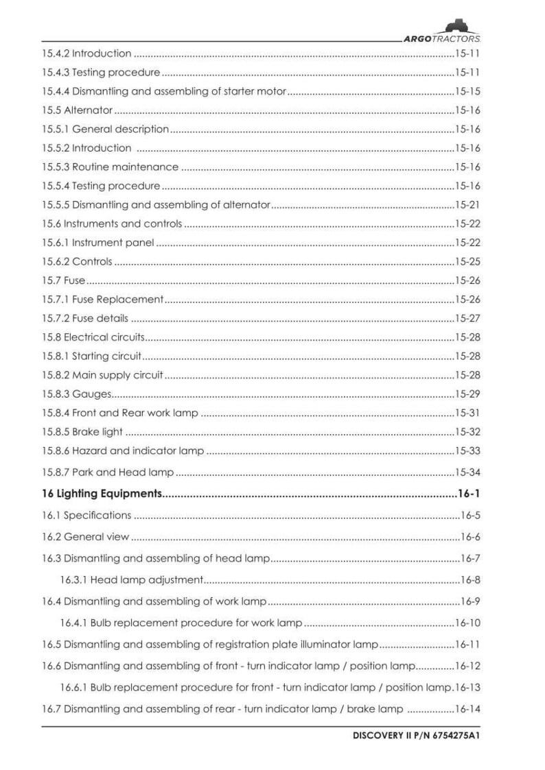 Puede incluir: Una detallada tabla de contenidos de un manual, con secciones sobre equipos de iluminaci&oacute;n, circuitos el&eacute;ctricos e instrumentos. El documento incluye n&uacute;meros de p&aacute;gina y subt&iacute;tulos para facilitar la navegaci&oacute;n.