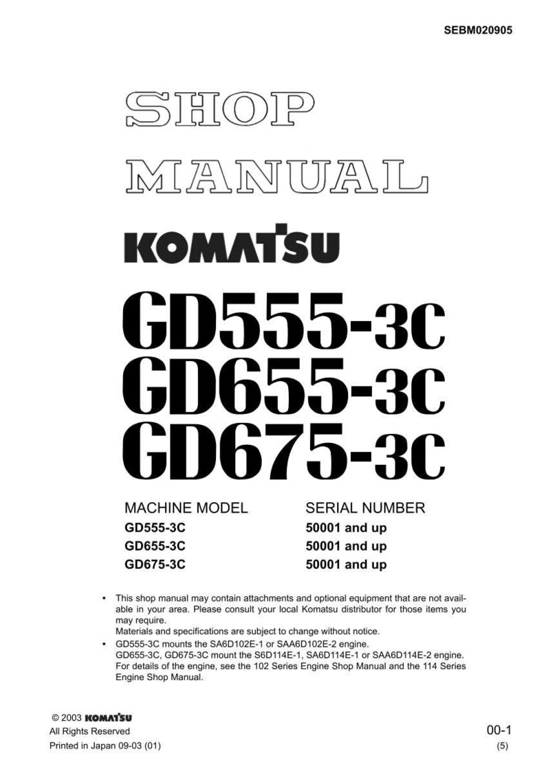 May include: A white Komatsu shop manual with the text "SHOP MANUAL" at the top. The manual lists the models GD555-3C, GD655-3C, and GD675-3C. The serial numbers start at 50001 and up. Printed in Japan.