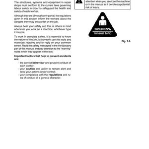 K&ouml;nnte beinhalten: Eine Seite aus einem Handbuch mit dem Titel &bdquo;Wesentliche Regeln zur Unfallverh&uuml;tung&ldquo;. Es enth&auml;lt Sicherheitshinweise, ein Warnsymbol und den italienischen Satz &bdquo;SICUREZZA innanzi tutto&ldquo;.