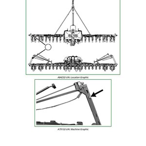 Op de afbeelding: Technische tekening van een linker markeercilinder, met gedetailleerde lijntekeningen van de machine. Bevat close-upweergaven met de labels "A84232-UN: Location Graphic" en "A79132-UN: Machine Graphic". De afbeelding is in zwart-wit.