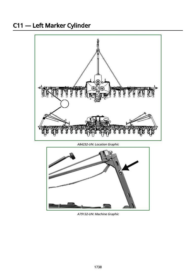 Op de afbeelding: Technische tekening van een linker markeercilinder, met gedetailleerde lijntekeningen van de machine. Bevat close-upweergaven met de labels "A84232-UN: Location Graphic" en "A79132-UN: Machine Graphic". De afbeelding is in zwart-wit.