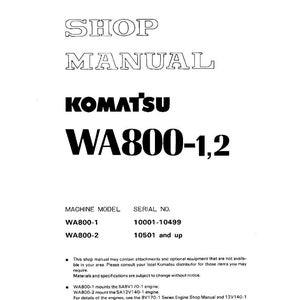 Może przedstawiać: Biała instrukcja warsztatowa z tekstem "SHOP MANUAL" i "KOMATSU WA800-1,2" w czarnym kolorze. Instrukcja zawiera informacje o modelu maszyny i numerze seryjnym. Dokument datowany na 1996 rok.