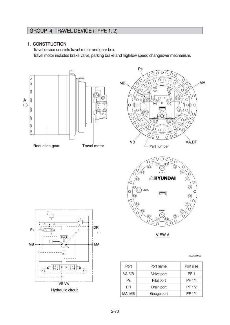 May include: Technical diagram of a travel device, showing a reduction gear, travel motor, and hydraulic circuit. The diagram includes labels for components and ports, with a "HYUNDAI" logo.