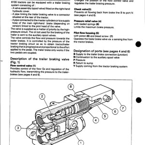 Op de afbeelding: Diagram van een aanhangerremklep voor tractoren uit de 6100-serie. Het diagram toont de interne componenten, waaronder de flow control valve, control spool assembly, check valve, pressure relief valve en pilot flow housing.