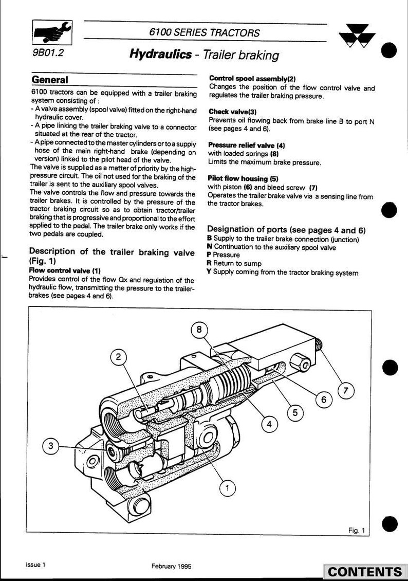 Op de afbeelding: Diagram van een aanhangerremklep voor tractoren uit de 6100-serie. Het diagram toont de interne componenten, waaronder de flow control valve, control spool assembly, check valve, pressure relief valve en pilot flow housing.