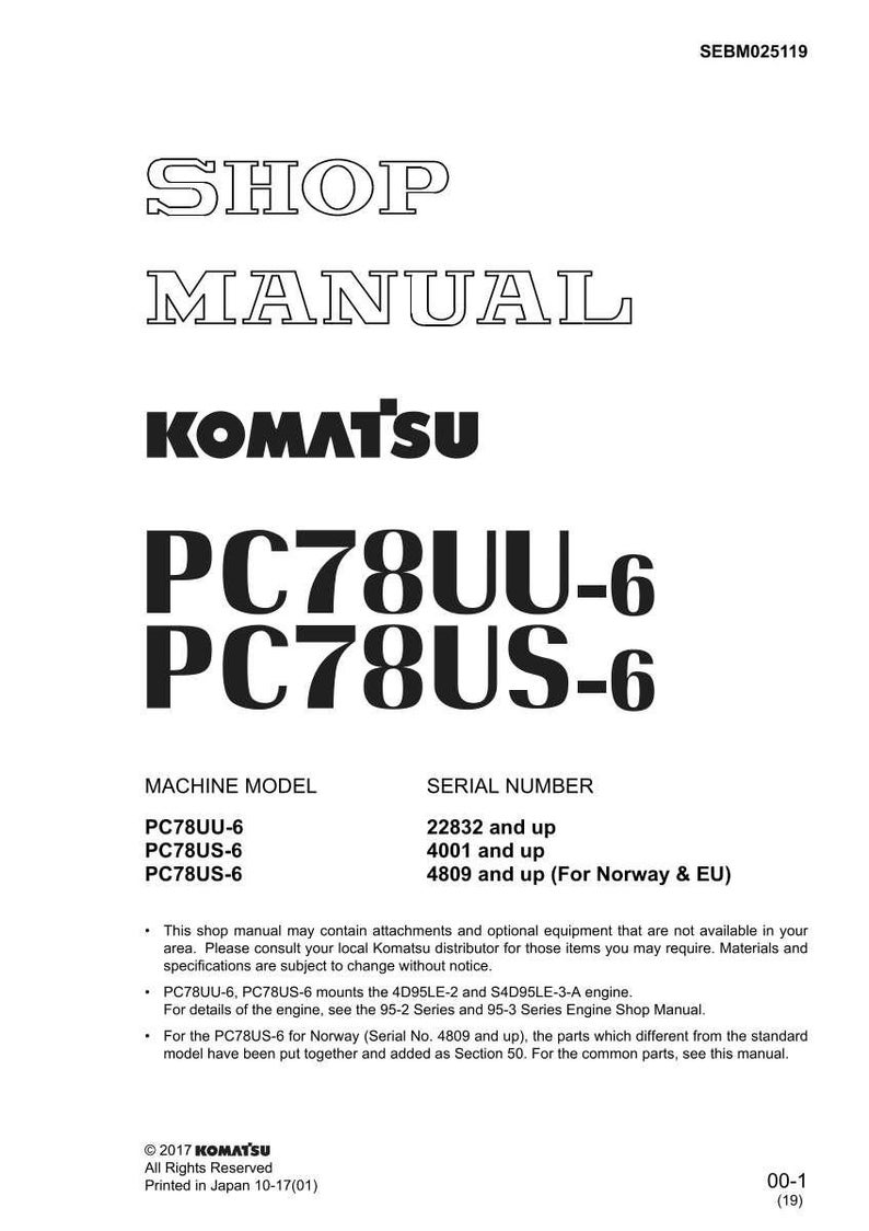 May include: A Komatsu shop manual with the text "SHOP MANUAL" and the Komatsu logo. Model numbers PC78UU-6 and PC78US-6 are shown. Includes machine model and serial number details. Printed in Japan.
