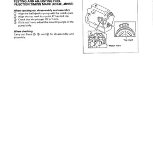 May include: Diagram of a diesel engine fuel injection timing adjustment procedure. The image includes a diagram of the engine components, with labels and instructions for alignment and measurement. Text includes "Testing and Adjusting Fuel Injection Timing Mark".