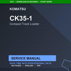 Puede incluir: Una pantalla de producto digital muestra el texto "KOMATSU CK35-1 Compact Track Loader Service Manual". El fondo es azul oscuro con un encabezado verde. Tambi&eacute;n es visible el texto "SAVE TIME WITH PROFESSIONAL DATA".