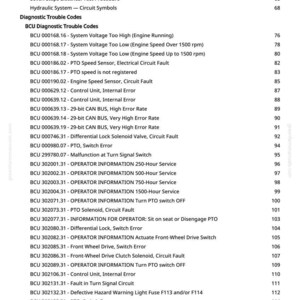 Pu&ograve; includere: Una pagina bianca con un elenco di codici di errore diagnostici per i sistemi BCU. L'elenco include codici per problemi di tensione, guasti ai sensori e informazioni per l'operatore. La pagina include anche passaggi per la risoluzione dei problemi e simboli dei circuiti.