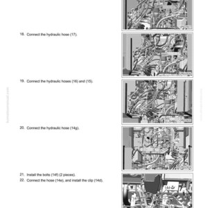 Puede incluir: Diagrama de desmontaje y montaje de componentes del motor. Incluye im&aacute;genes de mangueras hidr&aacute;ulicas, pernos y clips. El texto proporciona instrucciones para conectar mangueras e instalar piezas. El documento est&aacute; etiquetado D51EX-24, D51PX-24.