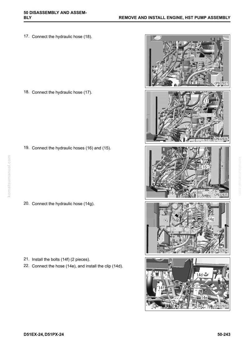 Puede incluir: Diagrama de desmontaje y montaje de componentes del motor. Incluye im&aacute;genes de mangueras hidr&aacute;ulicas, pernos y clips. El texto proporciona instrucciones para conectar mangueras e instalar piezas. El documento est&aacute; etiquetado D51EX-24, D51PX-24.