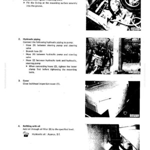 K&ouml;nnte beinhalten: Eine technische Zeichnung mit Anweisungen f&uuml;r den Einbau von Arbeitsger&auml;ten und einer Lenkpumpe. Das Bild enth&auml;lt detaillierte Schritte, Diagramme und Teilenummern. Der Text enth&auml;lt Messungen in Litern.