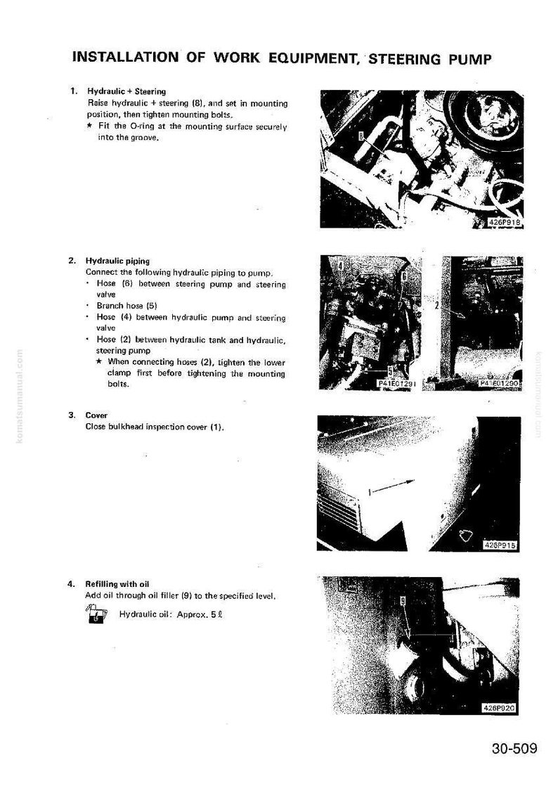 K&ouml;nnte beinhalten: Eine technische Zeichnung mit Anweisungen f&uuml;r den Einbau von Arbeitsger&auml;ten und einer Lenkpumpe. Das Bild enth&auml;lt detaillierte Schritte, Diagramme und Teilenummern. Der Text enth&auml;lt Messungen in Litern.
