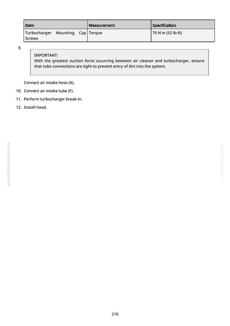 Puede incluir: Una p&aacute;gina de manual con instrucciones para la instalaci&oacute;n del turbocompresor. El texto incluye pasos como conectar la manguera y el tubo de entrada de aire, el rodaje y la instalaci&oacute;n del cap&oacute;. El par de apriete es de 70 N&sdot;m (7,1 kg&sdot;m).