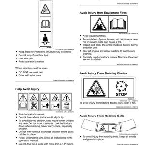 May include: A page of safety labels with diagrams and warnings. The labels address topics like avoiding crushing, equipment fires, rotating blades, and rotating belts. The labels include instructions and warnings to prevent injury.