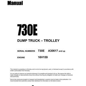 May include: A white shop manual cover with the text "Shop Manual" at the top. The manual is for a 730E Dump Truck - Trolley, with serial numbers 730E A30617 and up, and engine 16V159. The Komatsu logo is at the bottom.