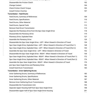 May include: A detailed table of contents from a manual, listing various mechanical procedures. Topics include friction clutches, feed drums, and inner gathering drums. The text is black on a white background, with page numbers on the right.