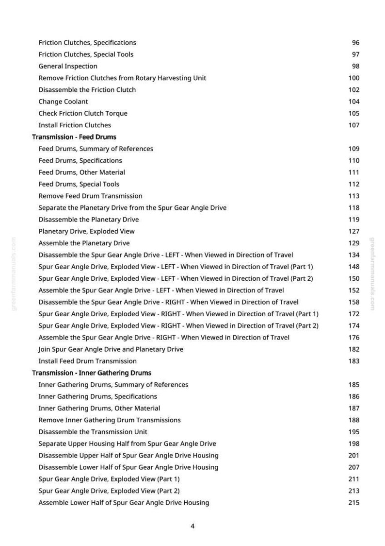 May include: A detailed table of contents from a manual, listing various mechanical procedures. Topics include friction clutches, feed drums, and inner gathering drums. The text is black on a white background, with page numbers on the right.