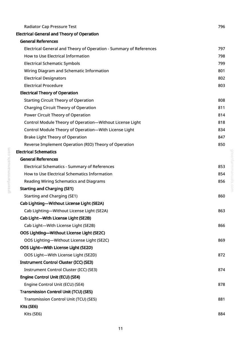 May include: A manual page showing a table of contents with headings such as "Electrical General and Theory of Operation" and "Electrical Schematics." The text is on a white background, with page numbers listed.