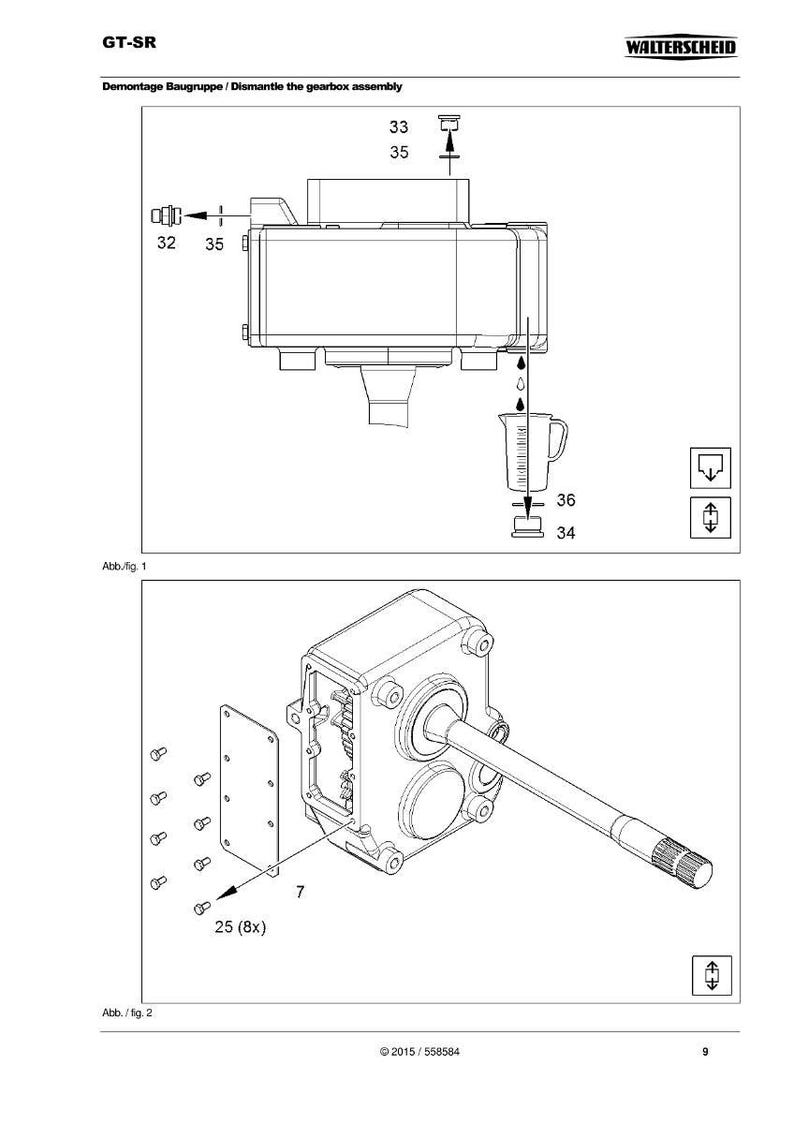 May include: Technical diagram of a GT-SR gearbox assembly, with exploded views and labels. The diagram shows the disassembly process, including parts like bolts, a measuring cup, and the gearbox components. The text "Demontage Baugruppe / Dismantle the gearbox assembly" is visible.